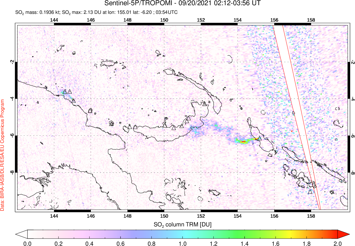A sulfur dioxide image over Papua, New Guinea on Sep 20, 2021.