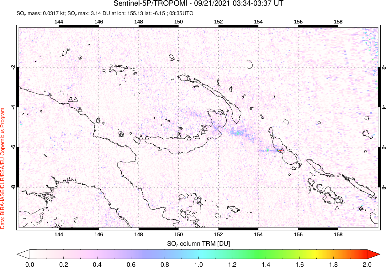 A sulfur dioxide image over Papua, New Guinea on Sep 21, 2021.