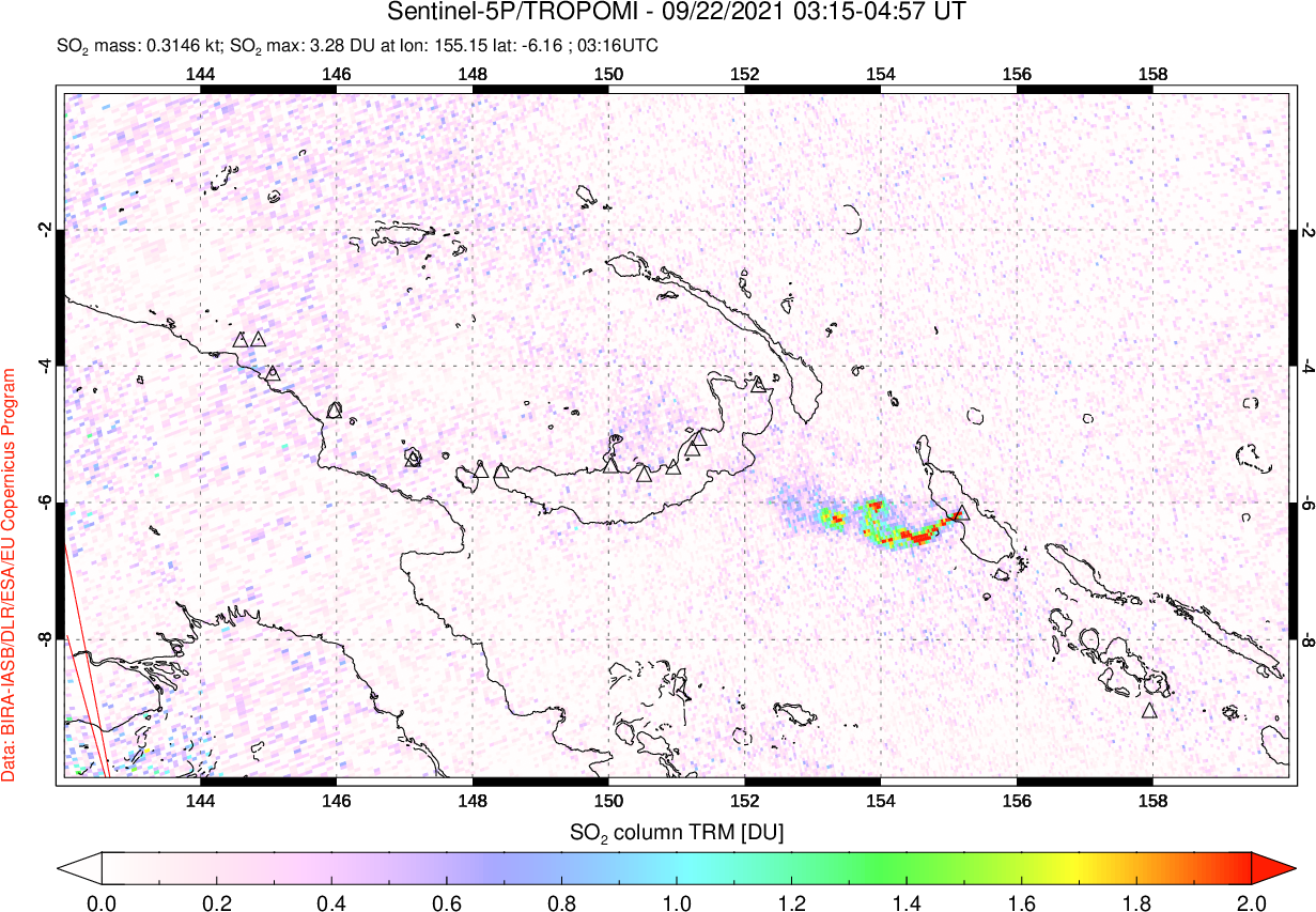 A sulfur dioxide image over Papua, New Guinea on Sep 22, 2021.