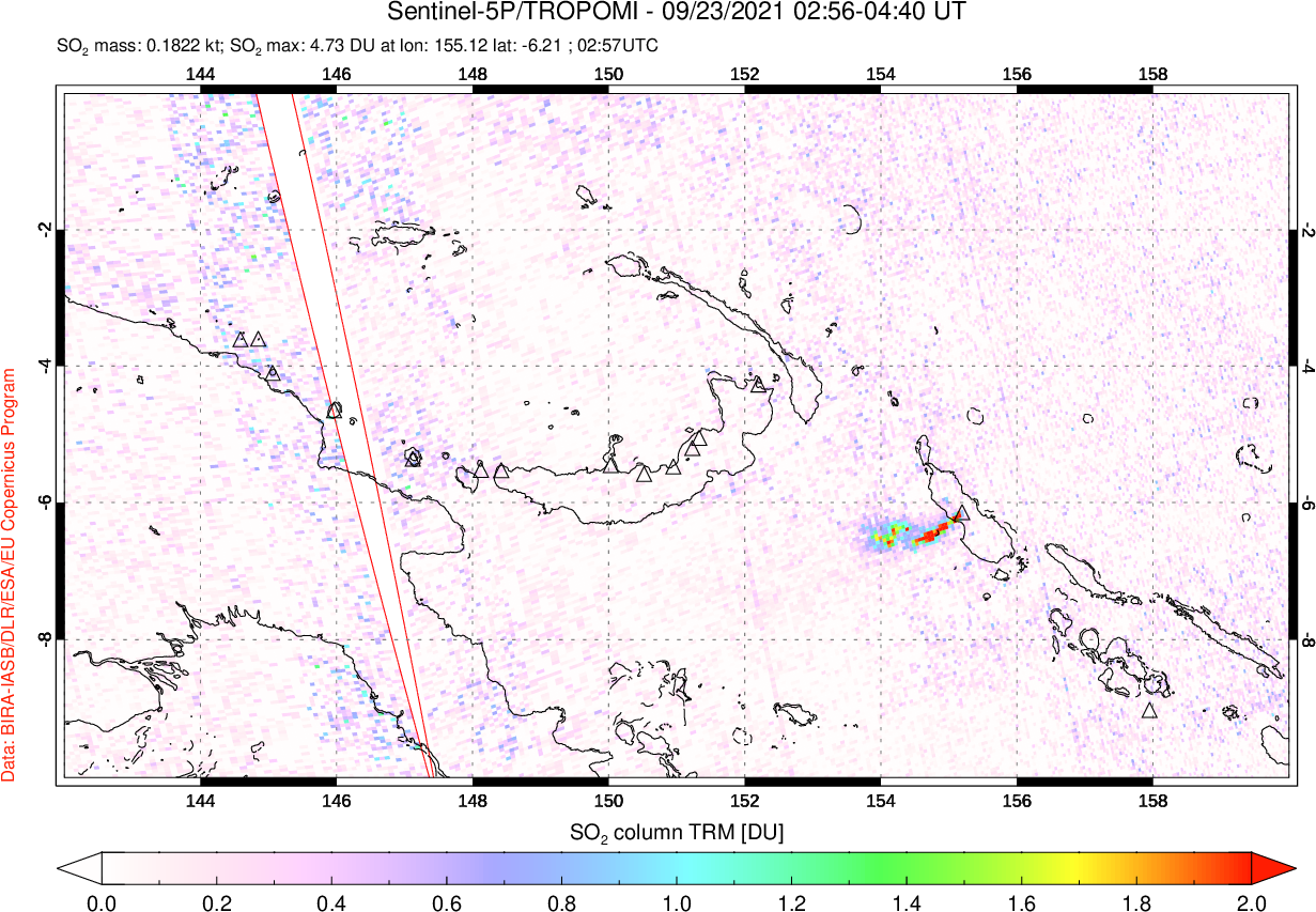 A sulfur dioxide image over Papua, New Guinea on Sep 23, 2021.