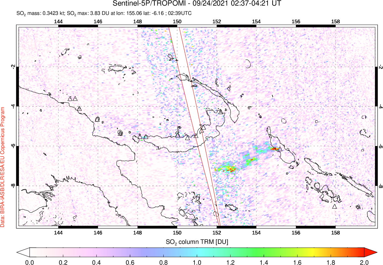 A sulfur dioxide image over Papua, New Guinea on Sep 24, 2021.