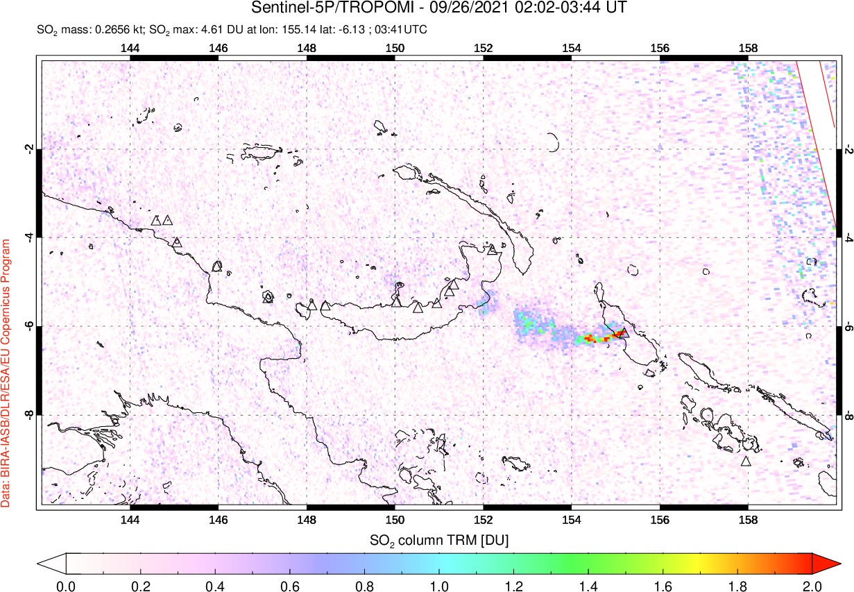 A sulfur dioxide image over Papua, New Guinea on Sep 26, 2021.