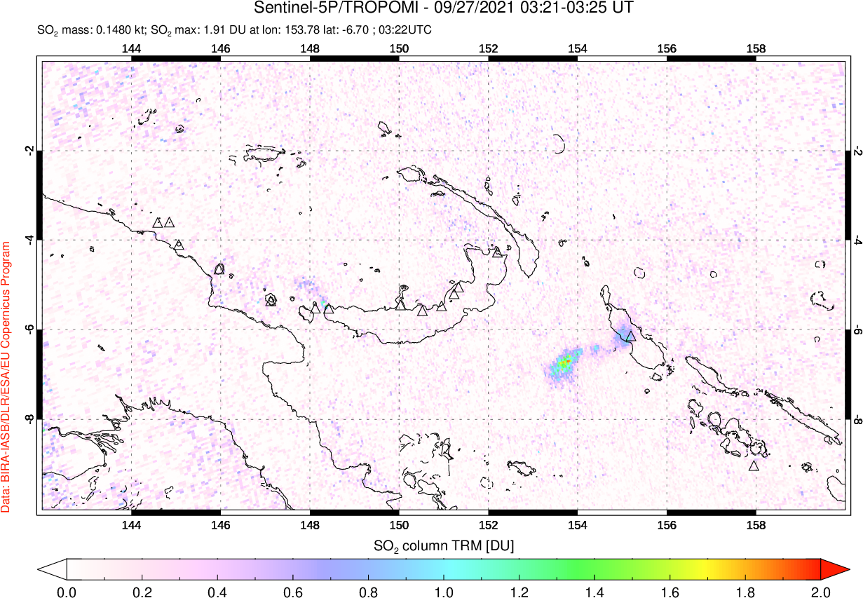 A sulfur dioxide image over Papua, New Guinea on Sep 27, 2021.