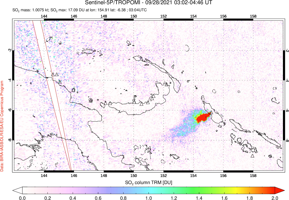 A sulfur dioxide image over Papua, New Guinea on Sep 28, 2021.