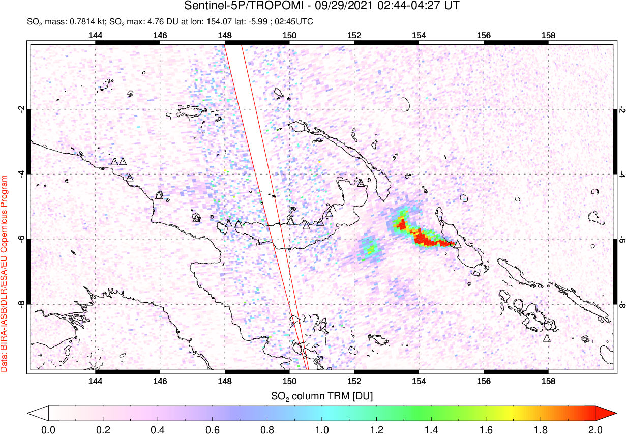 A sulfur dioxide image over Papua, New Guinea on Sep 29, 2021.