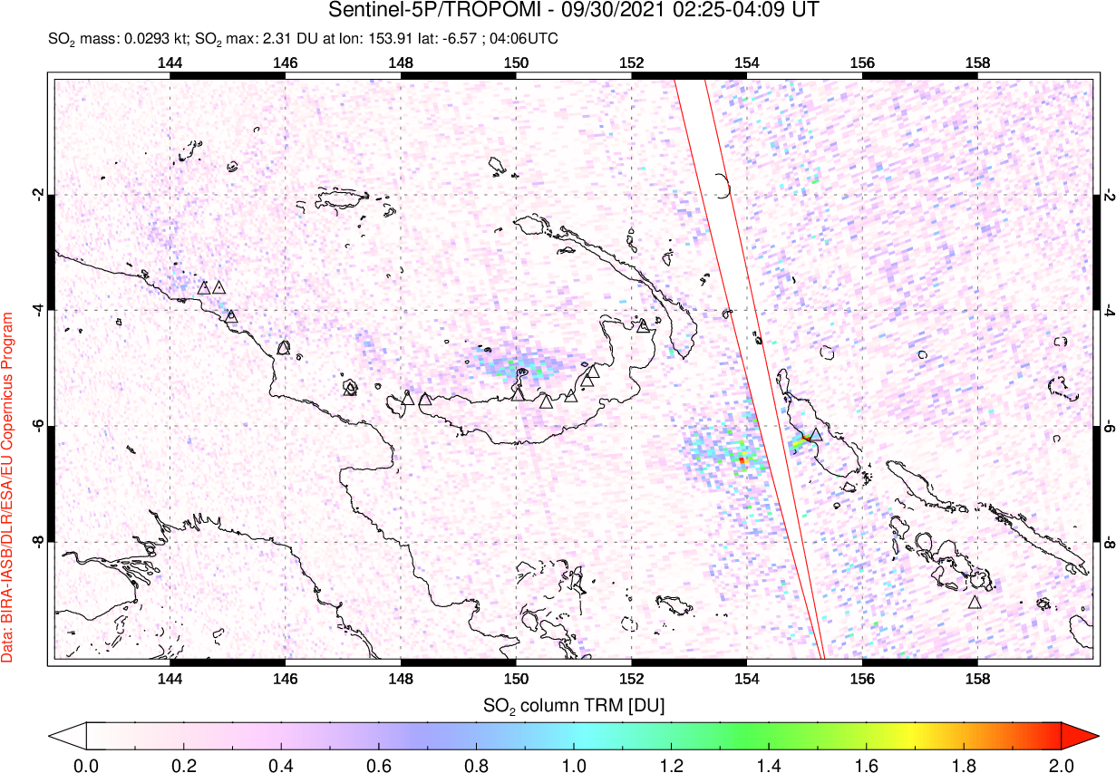 A sulfur dioxide image over Papua, New Guinea on Sep 30, 2021.