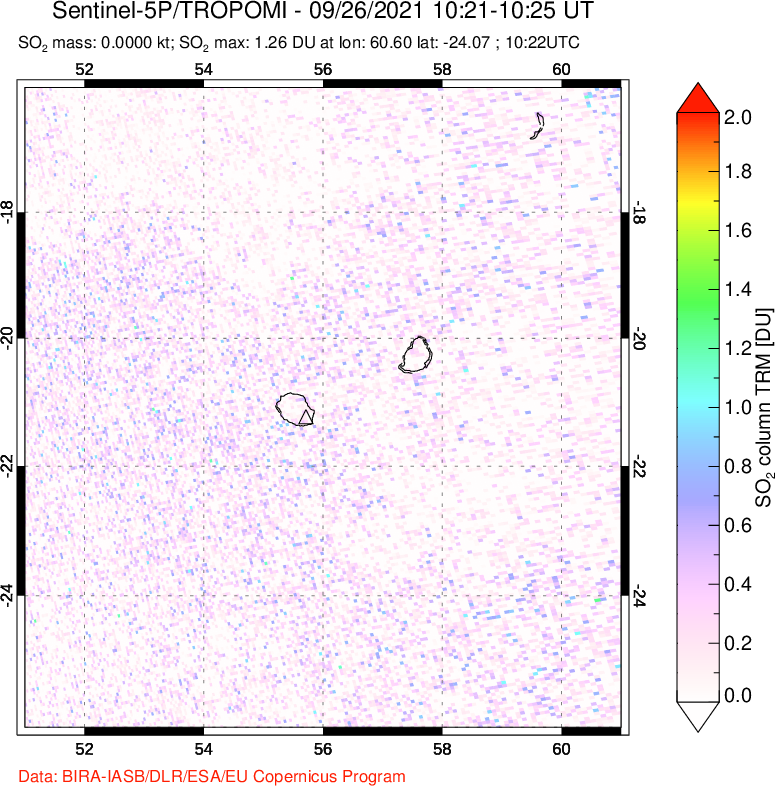 A sulfur dioxide image over Reunion Island, Indian Ocean on Sep 26, 2021.