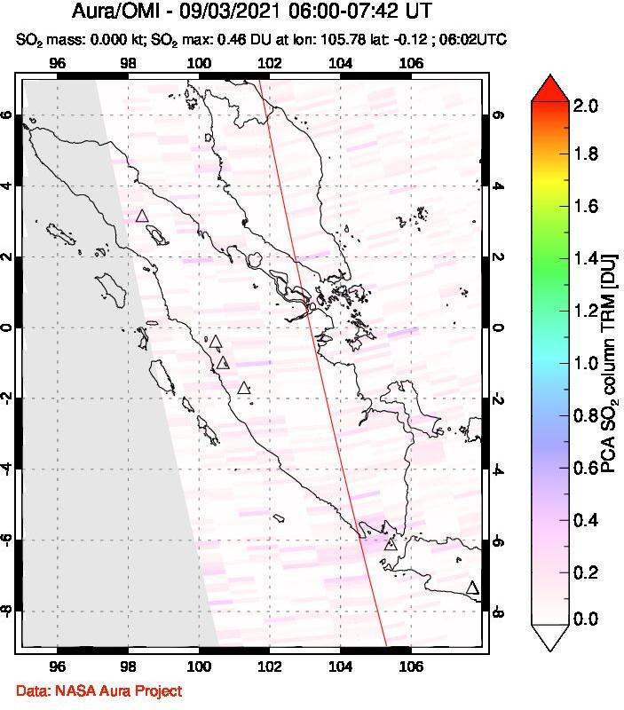 A sulfur dioxide image over Sumatra, Indonesia on Sep 03, 2021.