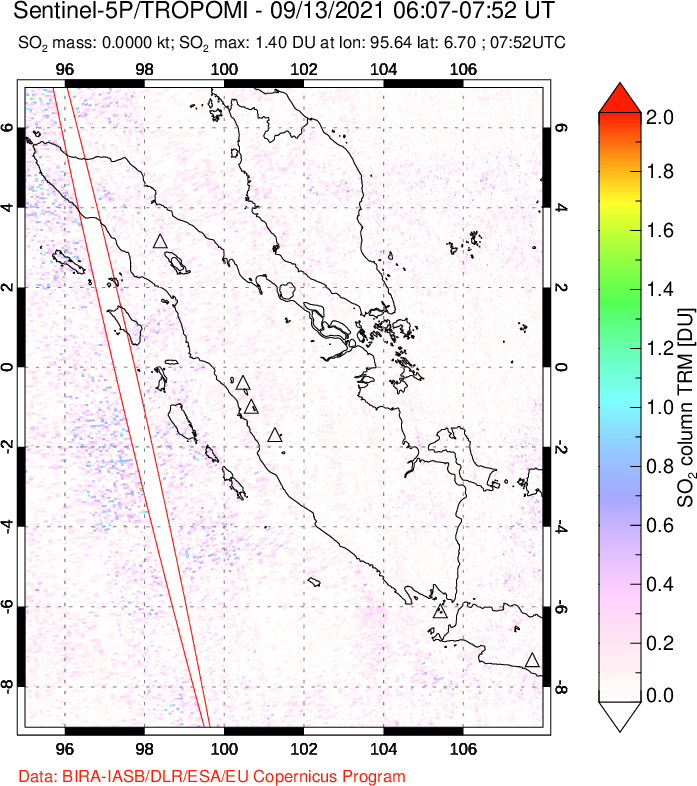 A sulfur dioxide image over Sumatra, Indonesia on Sep 13, 2021.