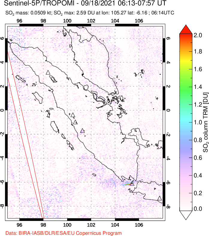 A sulfur dioxide image over Sumatra, Indonesia on Sep 18, 2021.