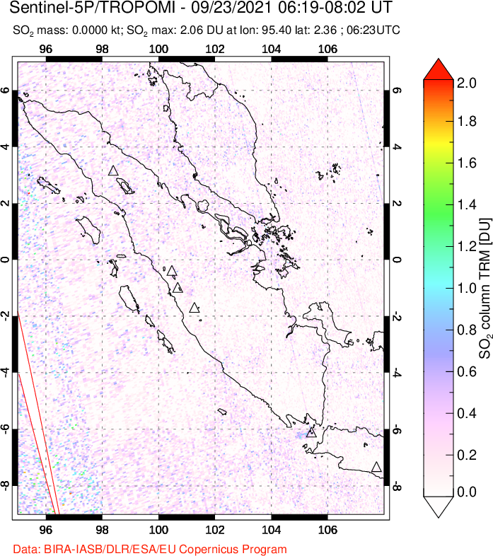 A sulfur dioxide image over Sumatra, Indonesia on Sep 23, 2021.