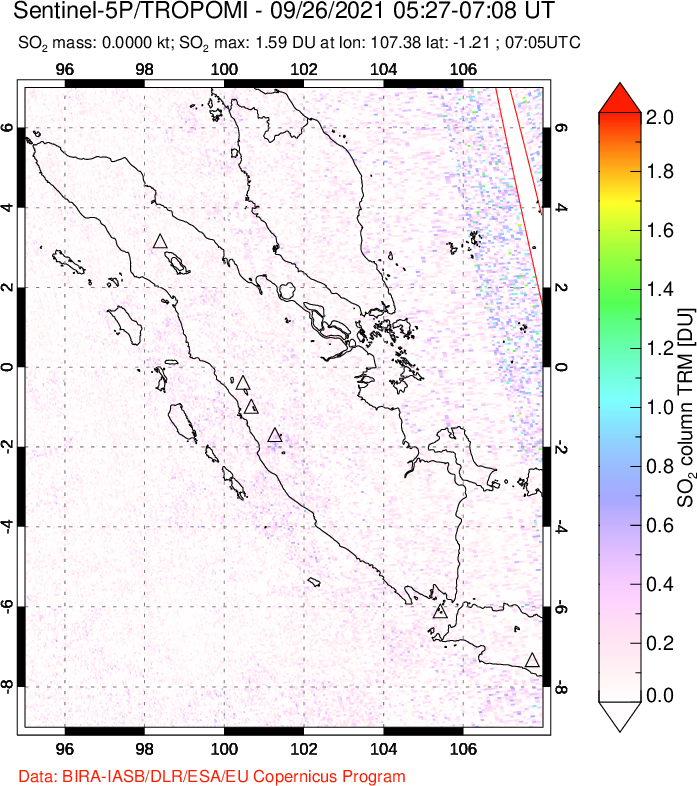 A sulfur dioxide image over Sumatra, Indonesia on Sep 26, 2021.