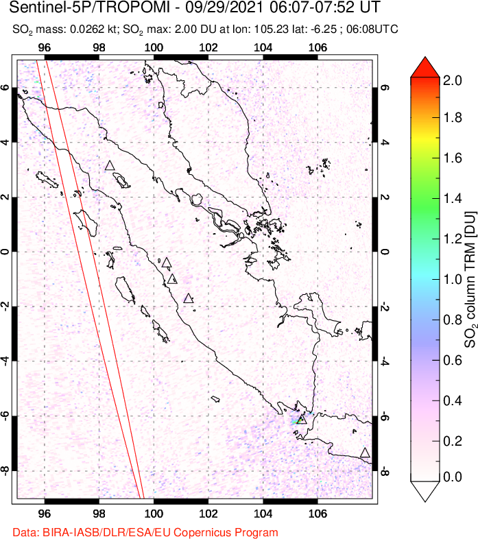 A sulfur dioxide image over Sumatra, Indonesia on Sep 29, 2021.