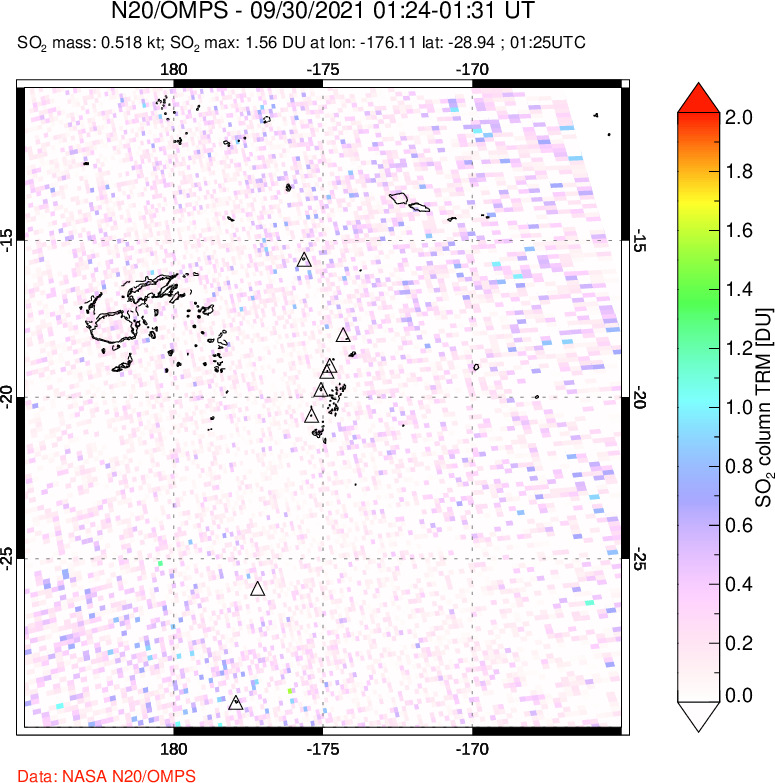 A sulfur dioxide image over Tonga, South Pacific on Sep 30, 2021.
