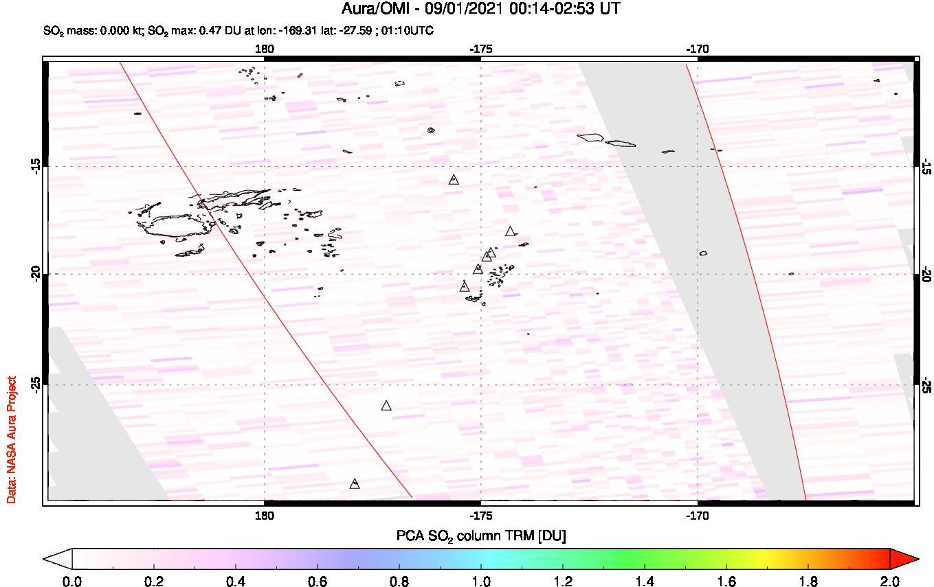 A sulfur dioxide image over Tonga, South Pacific on Sep 01, 2021.