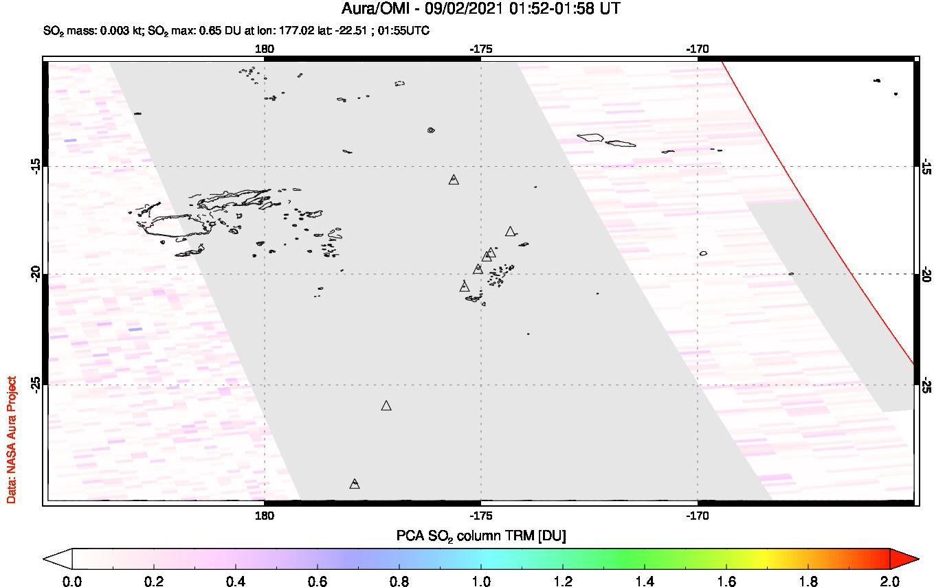 A sulfur dioxide image over Tonga, South Pacific on Sep 02, 2021.