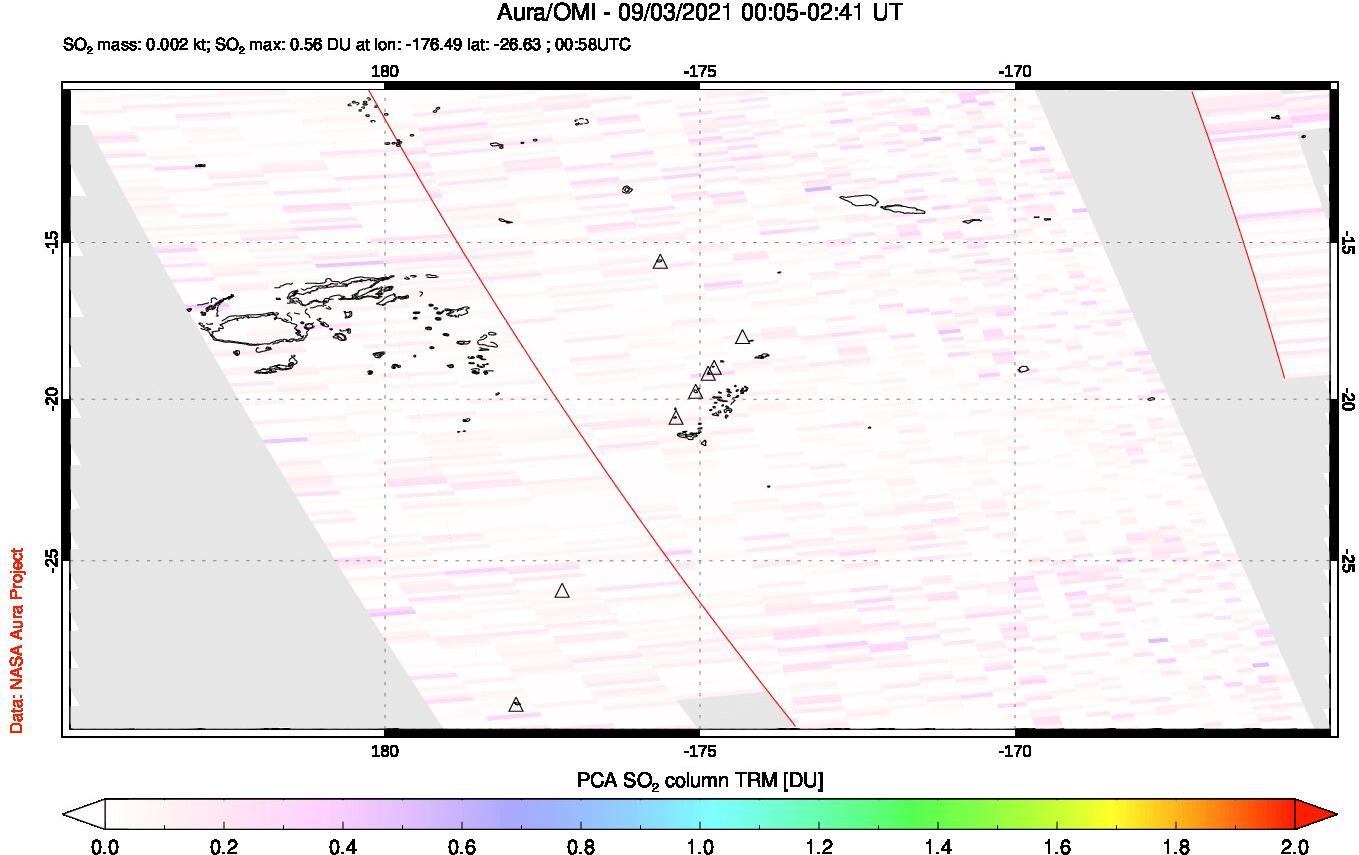 A sulfur dioxide image over Tonga, South Pacific on Sep 03, 2021.