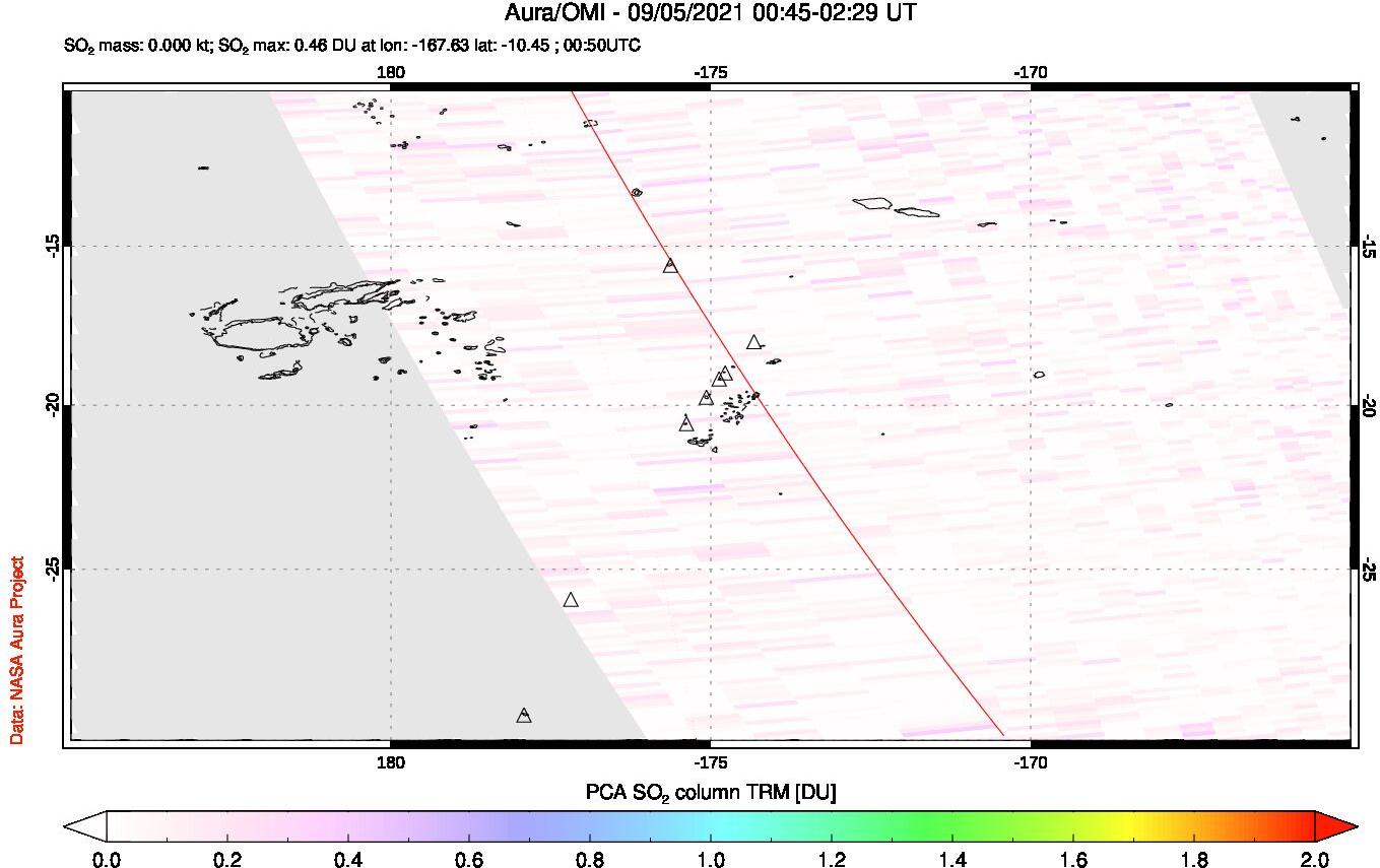 A sulfur dioxide image over Tonga, South Pacific on Sep 05, 2021.