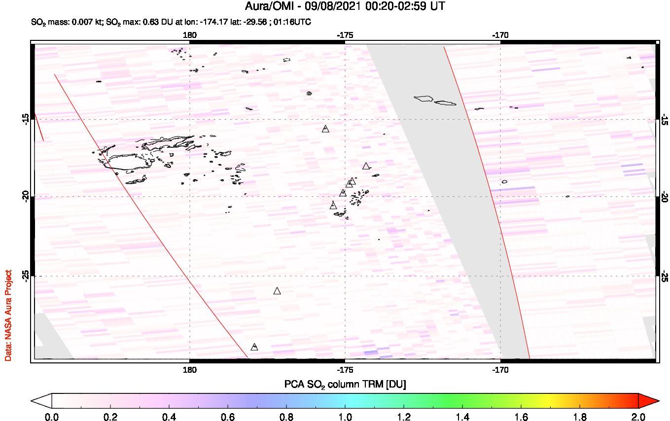 A sulfur dioxide image over Tonga, South Pacific on Sep 08, 2021.