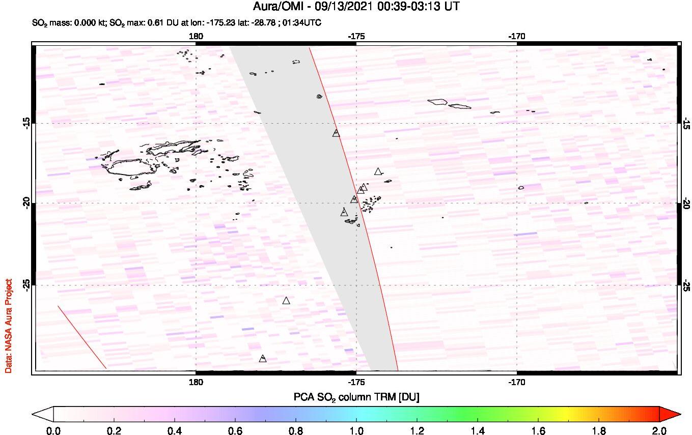 A sulfur dioxide image over Tonga, South Pacific on Sep 13, 2021.
