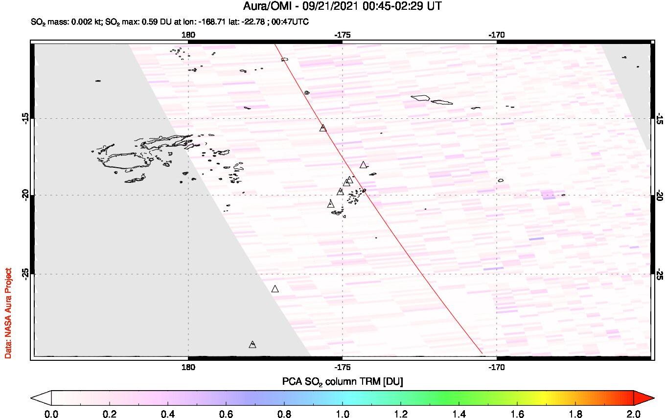 A sulfur dioxide image over Tonga, South Pacific on Sep 21, 2021.