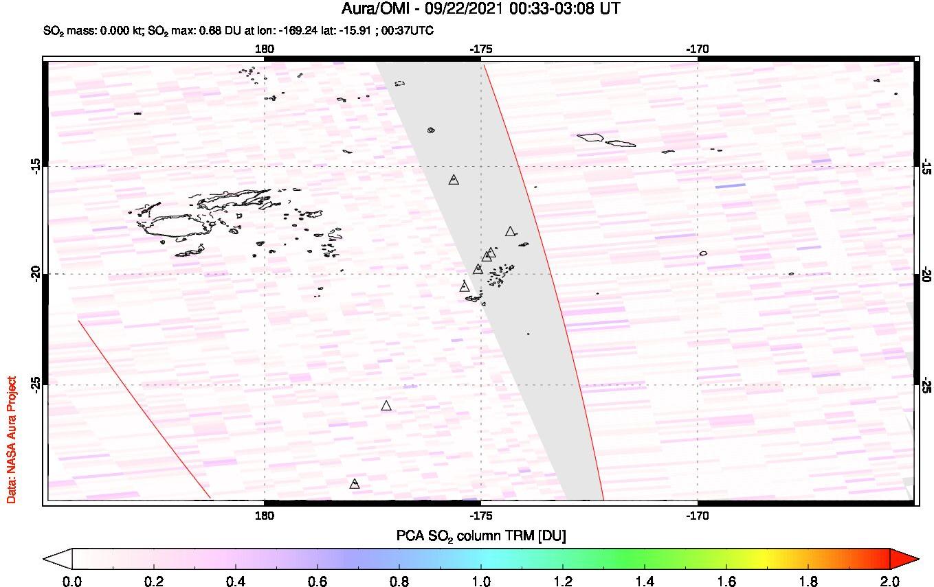 A sulfur dioxide image over Tonga, South Pacific on Sep 22, 2021.