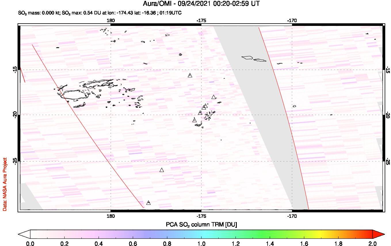 A sulfur dioxide image over Tonga, South Pacific on Sep 24, 2021.