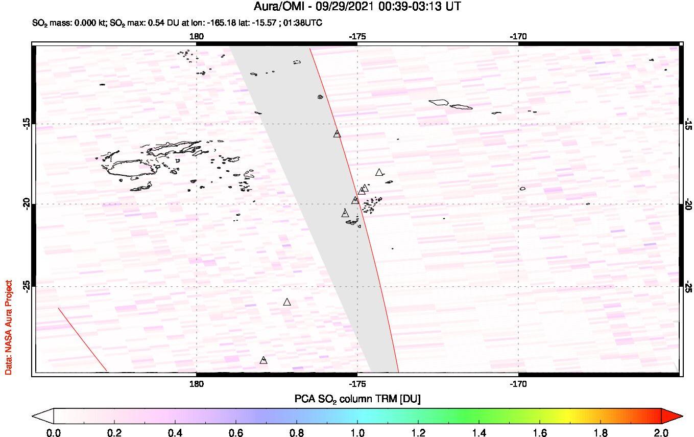 A sulfur dioxide image over Tonga, South Pacific on Sep 29, 2021.