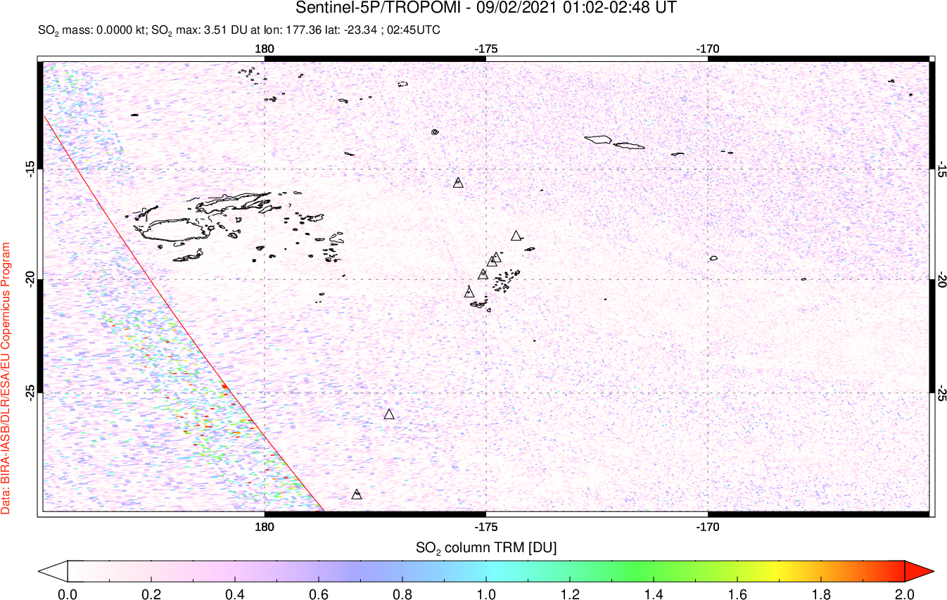 A sulfur dioxide image over Tonga, South Pacific on Sep 02, 2021.