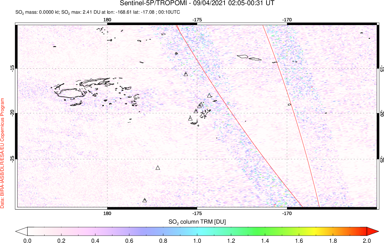 A sulfur dioxide image over Tonga, South Pacific on Sep 04, 2021.
