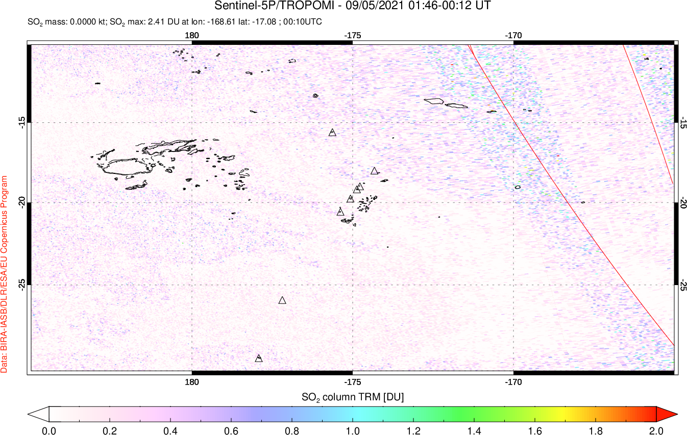 A sulfur dioxide image over Tonga, South Pacific on Sep 05, 2021.