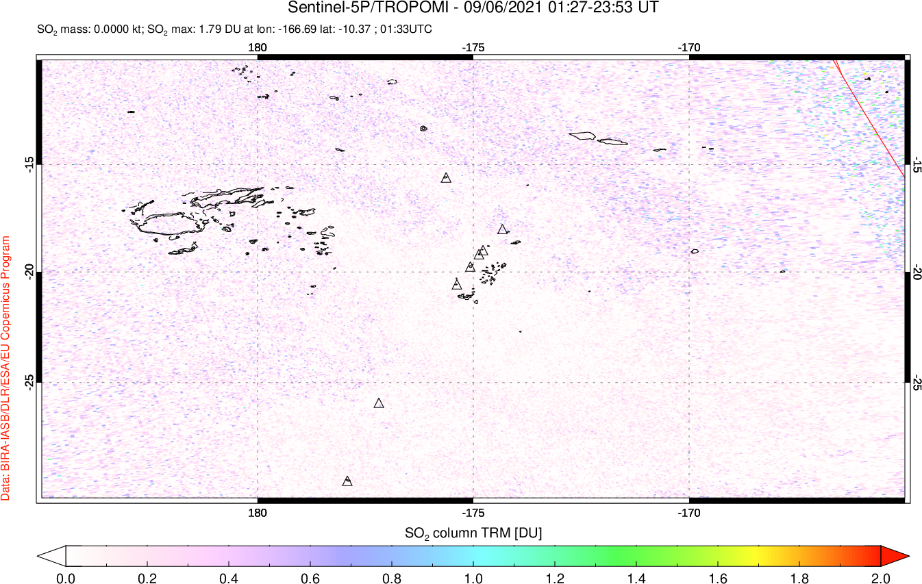 A sulfur dioxide image over Tonga, South Pacific on Sep 06, 2021.