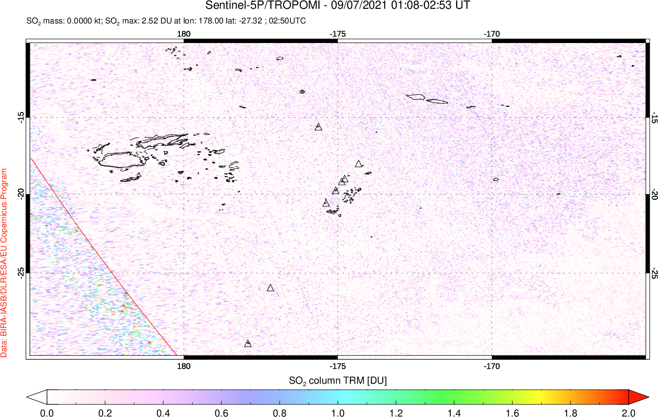 A sulfur dioxide image over Tonga, South Pacific on Sep 07, 2021.