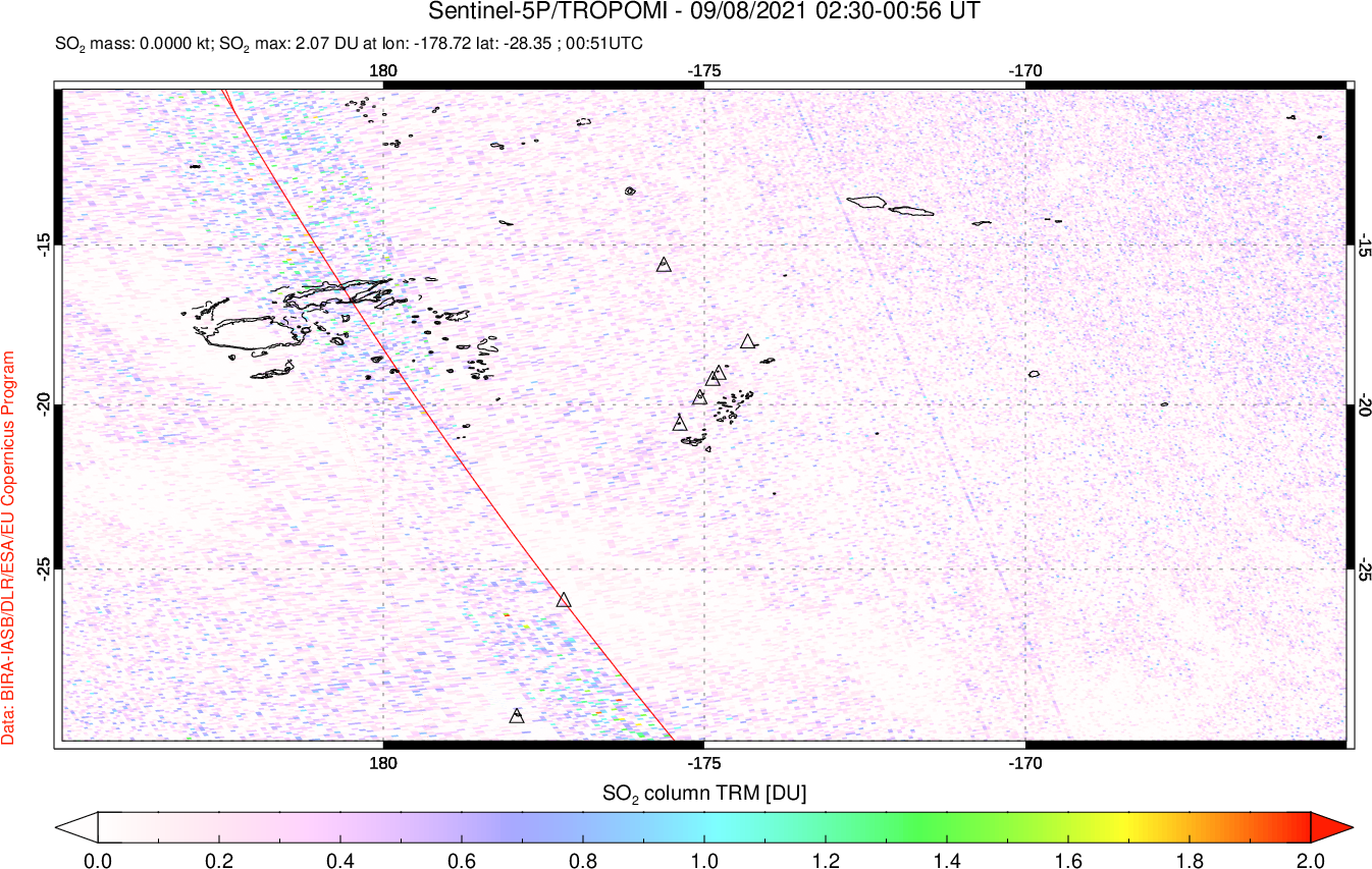 A sulfur dioxide image over Tonga, South Pacific on Sep 08, 2021.