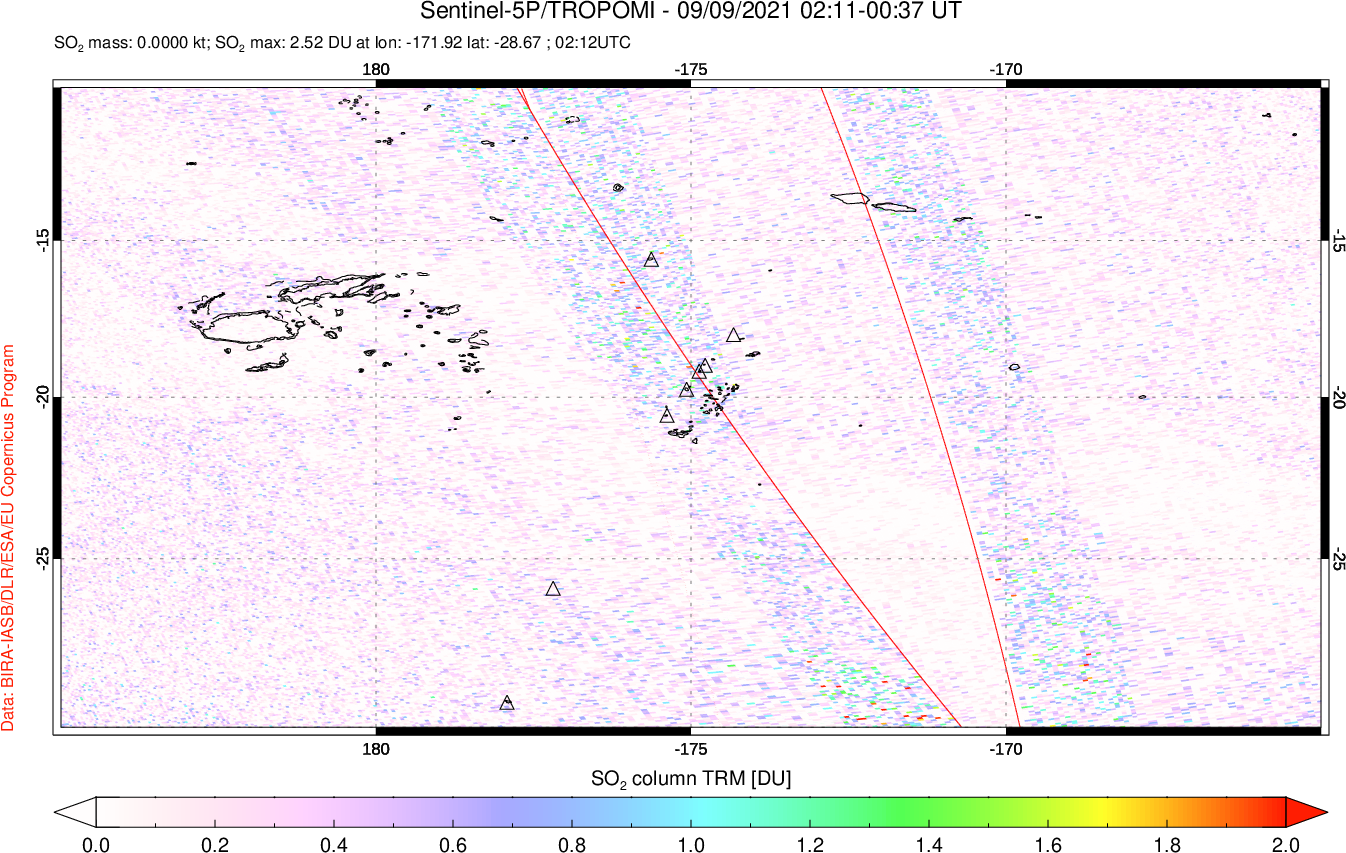 A sulfur dioxide image over Tonga, South Pacific on Sep 09, 2021.