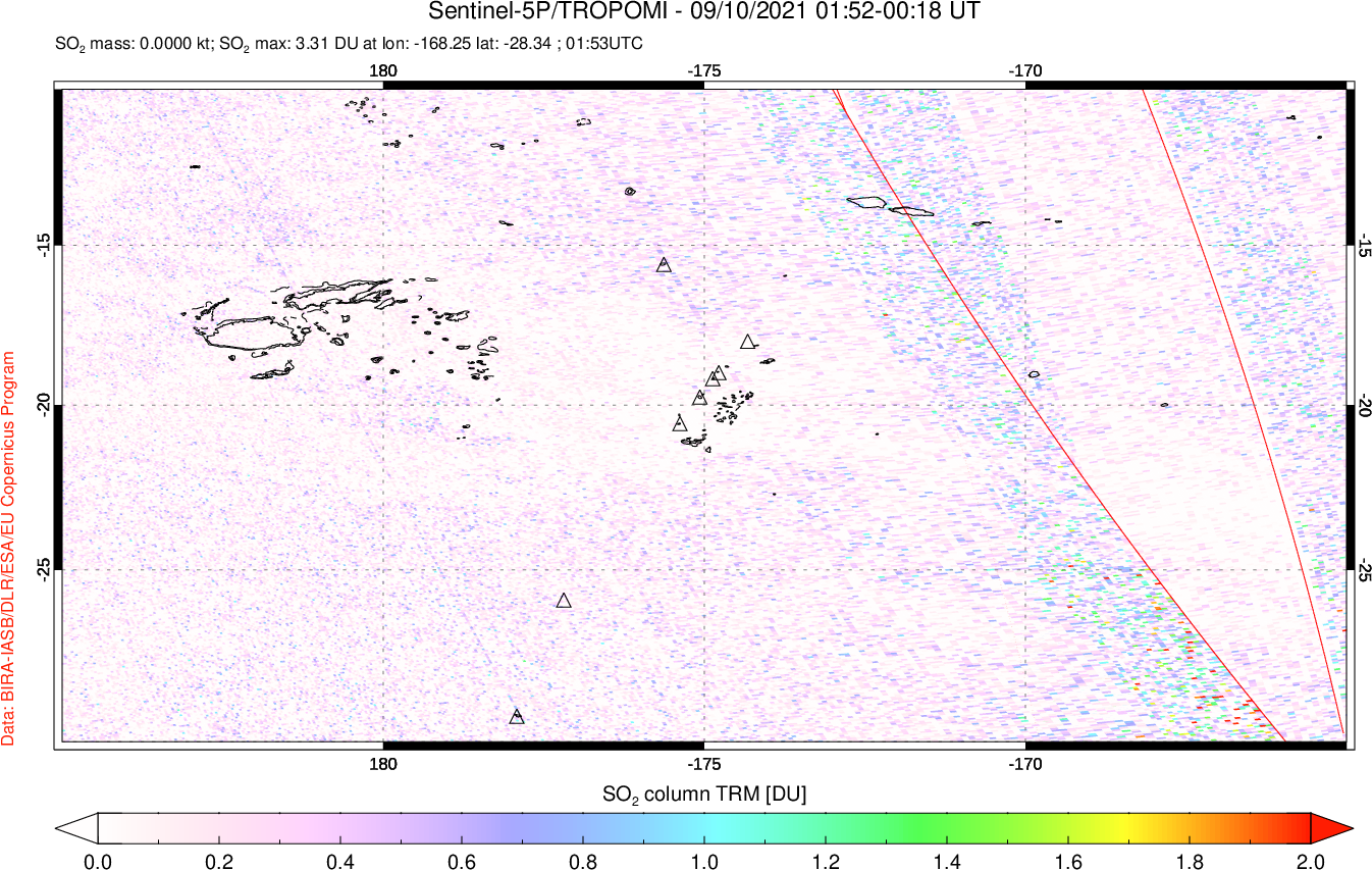 A sulfur dioxide image over Tonga, South Pacific on Sep 10, 2021.