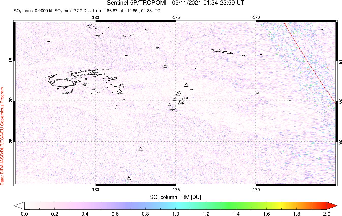 A sulfur dioxide image over Tonga, South Pacific on Sep 11, 2021.