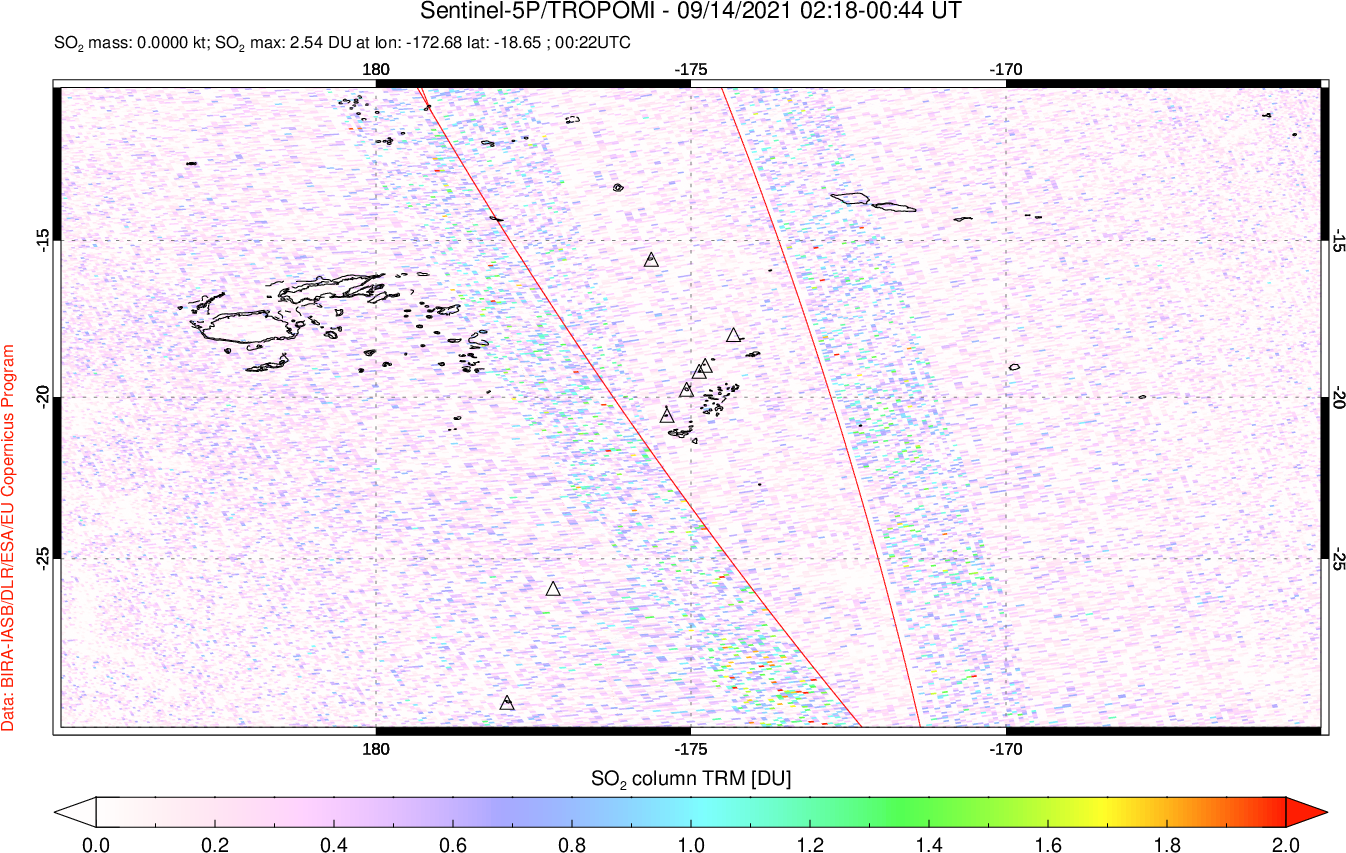 A sulfur dioxide image over Tonga, South Pacific on Sep 14, 2021.