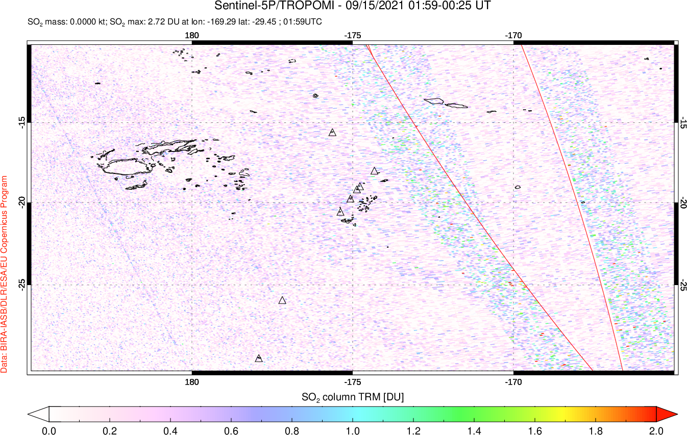 A sulfur dioxide image over Tonga, South Pacific on Sep 15, 2021.