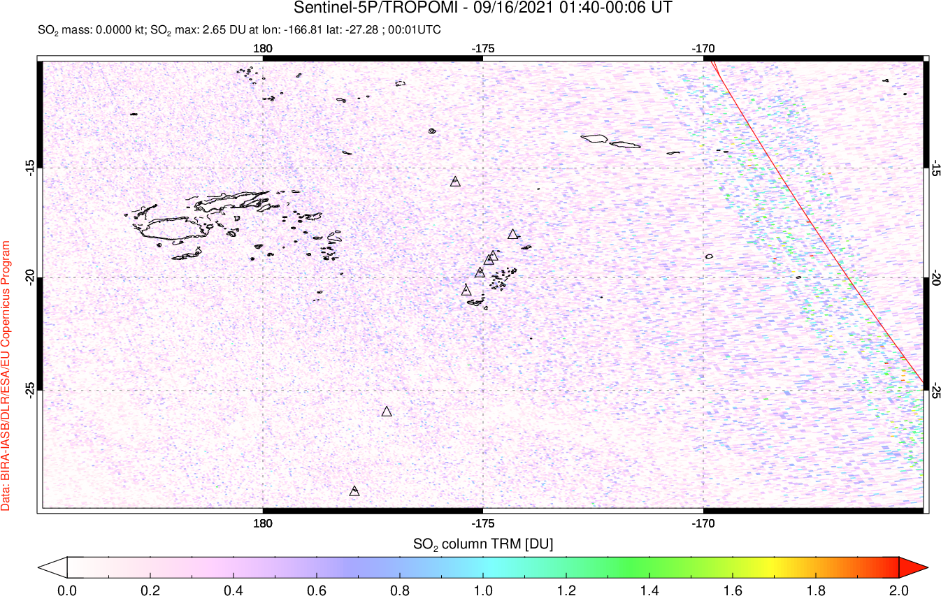 A sulfur dioxide image over Tonga, South Pacific on Sep 16, 2021.