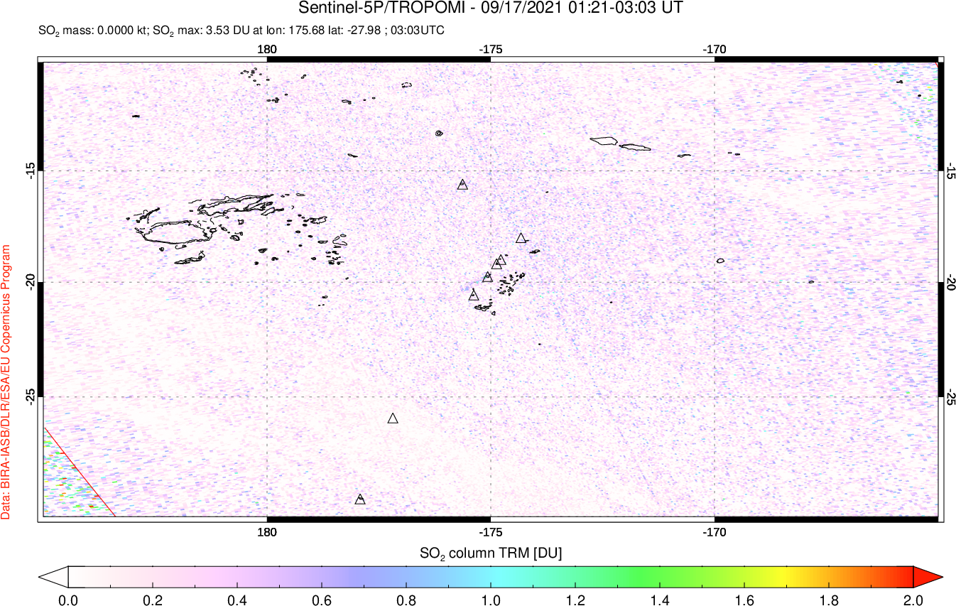 A sulfur dioxide image over Tonga, South Pacific on Sep 17, 2021.