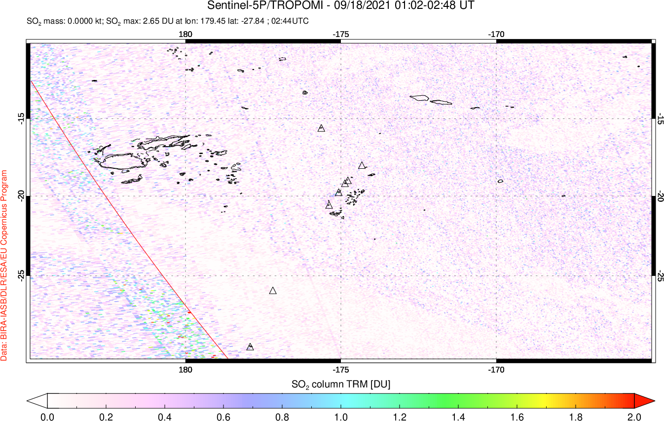A sulfur dioxide image over Tonga, South Pacific on Sep 18, 2021.