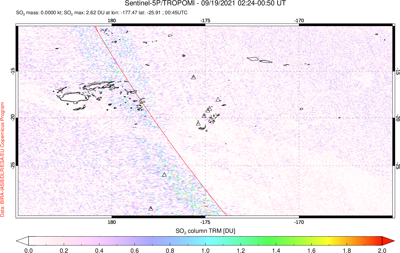 A sulfur dioxide image over Tonga, South Pacific on Sep 19, 2021.