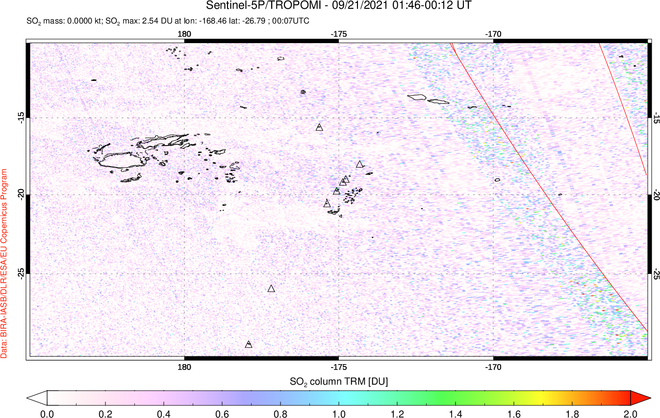 A sulfur dioxide image over Tonga, South Pacific on Sep 21, 2021.