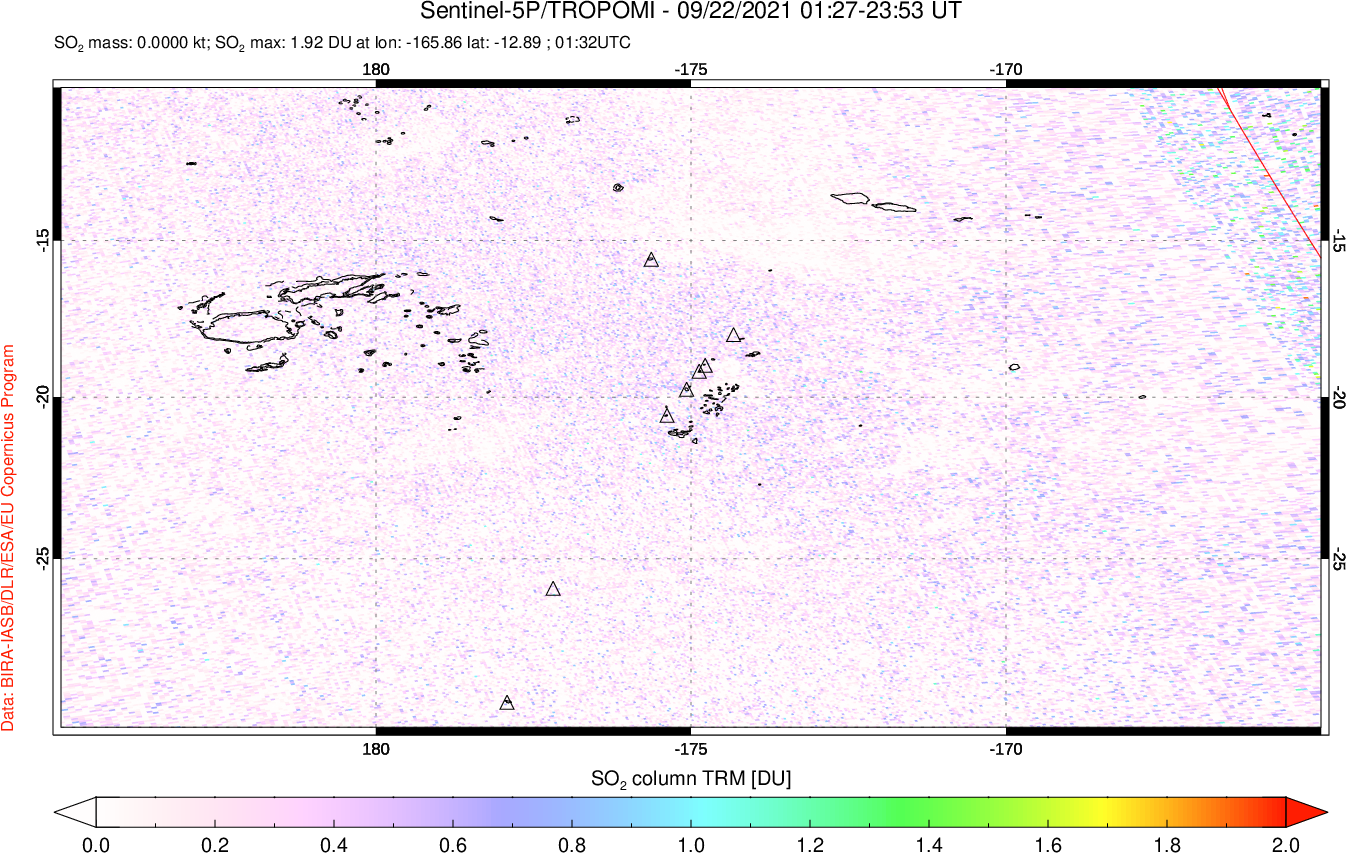 A sulfur dioxide image over Tonga, South Pacific on Sep 22, 2021.