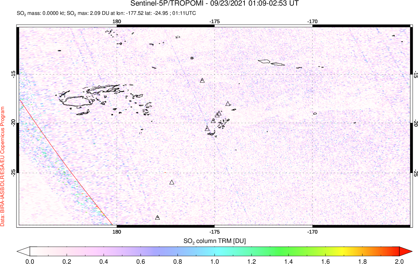 A sulfur dioxide image over Tonga, South Pacific on Sep 23, 2021.