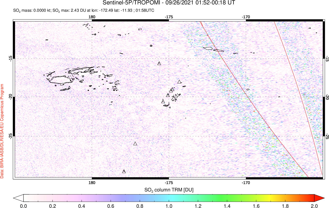 A sulfur dioxide image over Tonga, South Pacific on Sep 26, 2021.