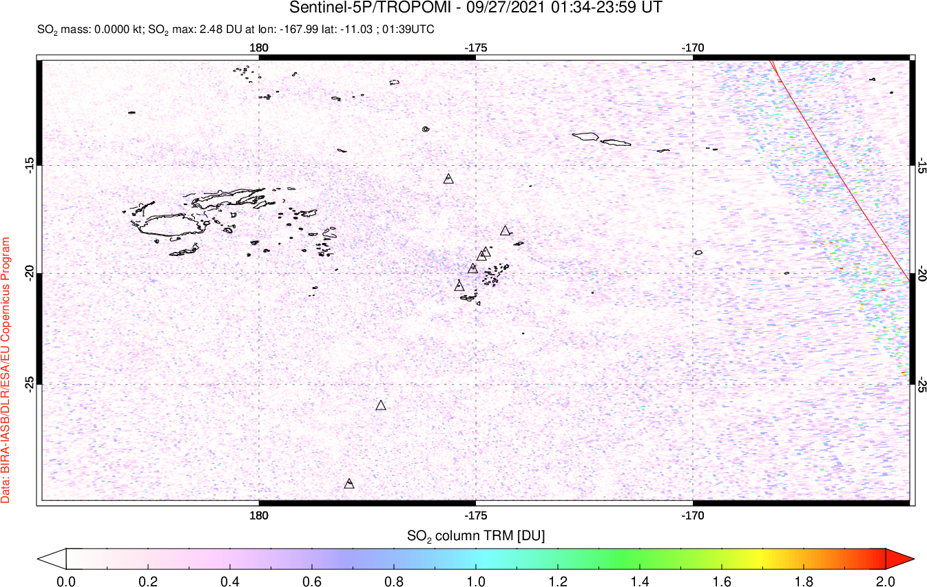 A sulfur dioxide image over Tonga, South Pacific on Sep 27, 2021.