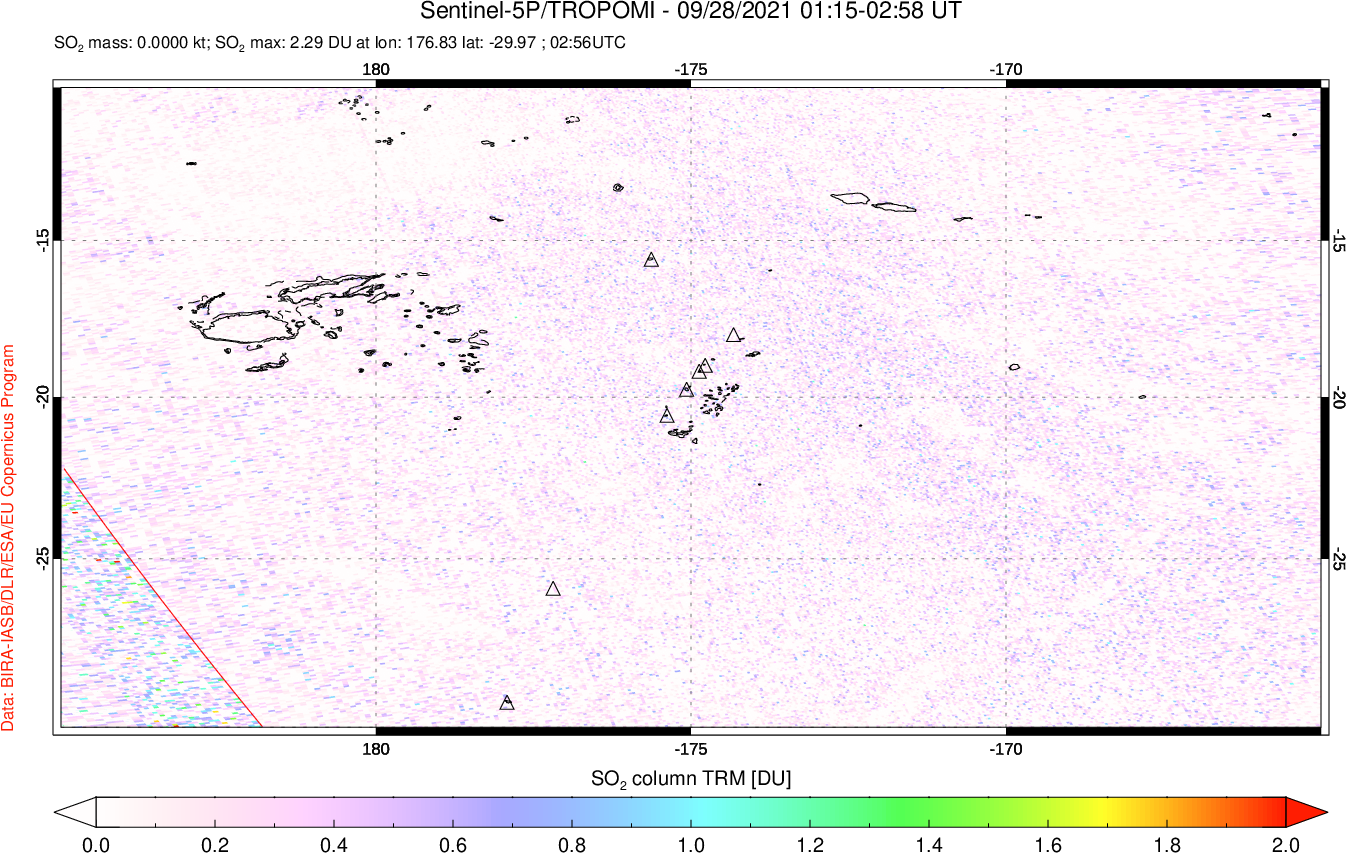 A sulfur dioxide image over Tonga, South Pacific on Sep 28, 2021.