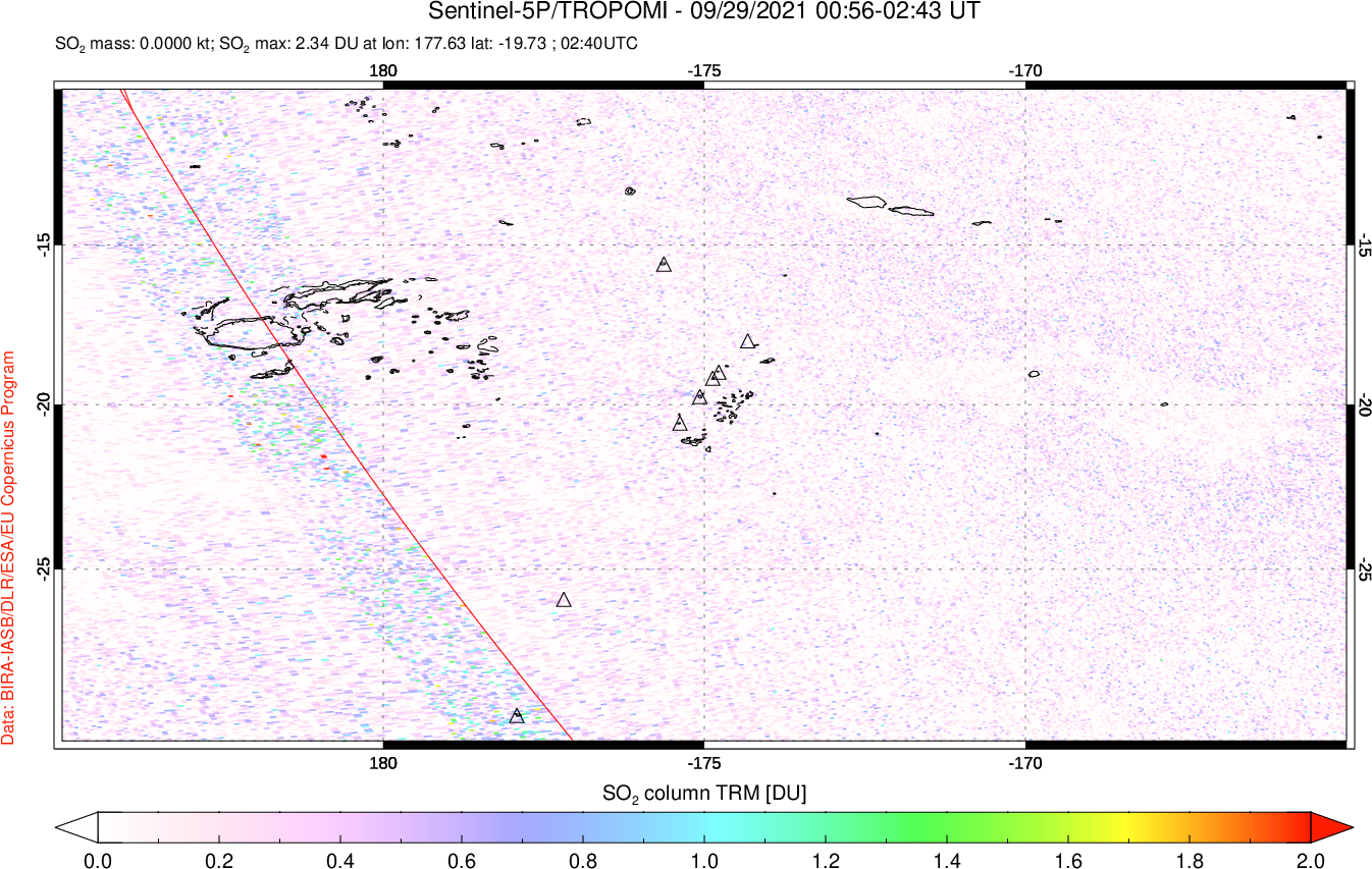 A sulfur dioxide image over Tonga, South Pacific on Sep 29, 2021.